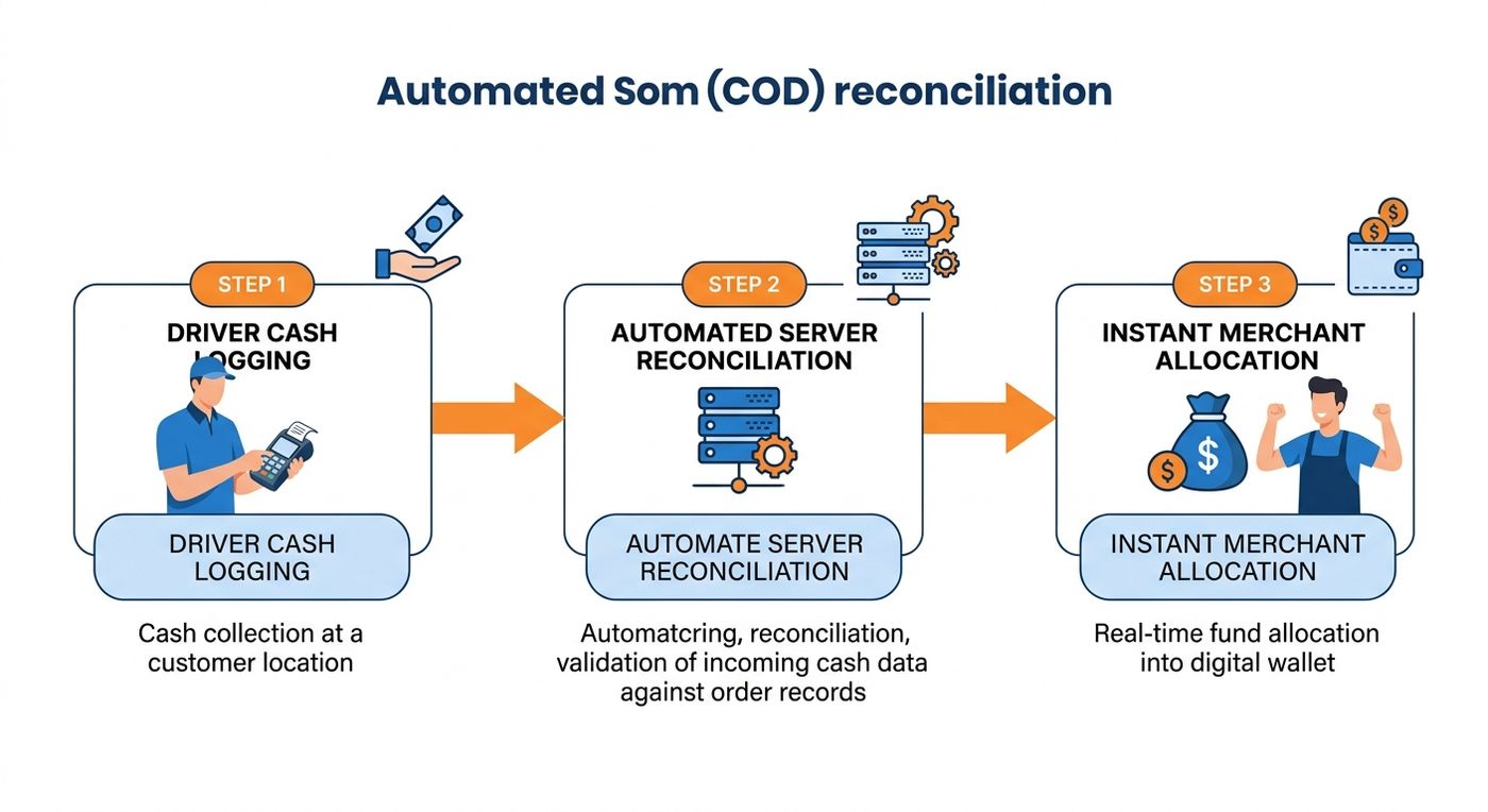 Technical diagram showing the automated Cash on Delivery COD reconciliation lifecycle from driver collection to merchant wallet update.