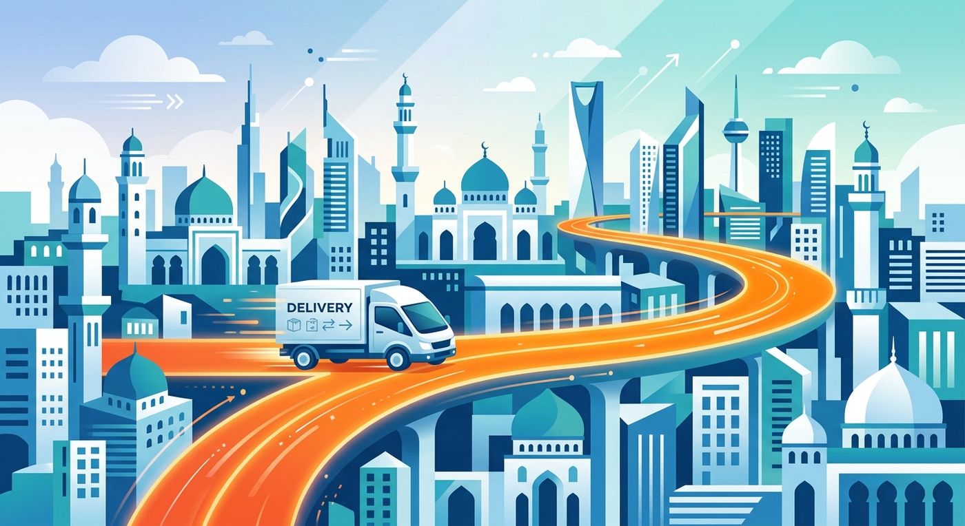 Vector illustration of a delivery truck navigating an optimized route through a modern Middle Eastern city.