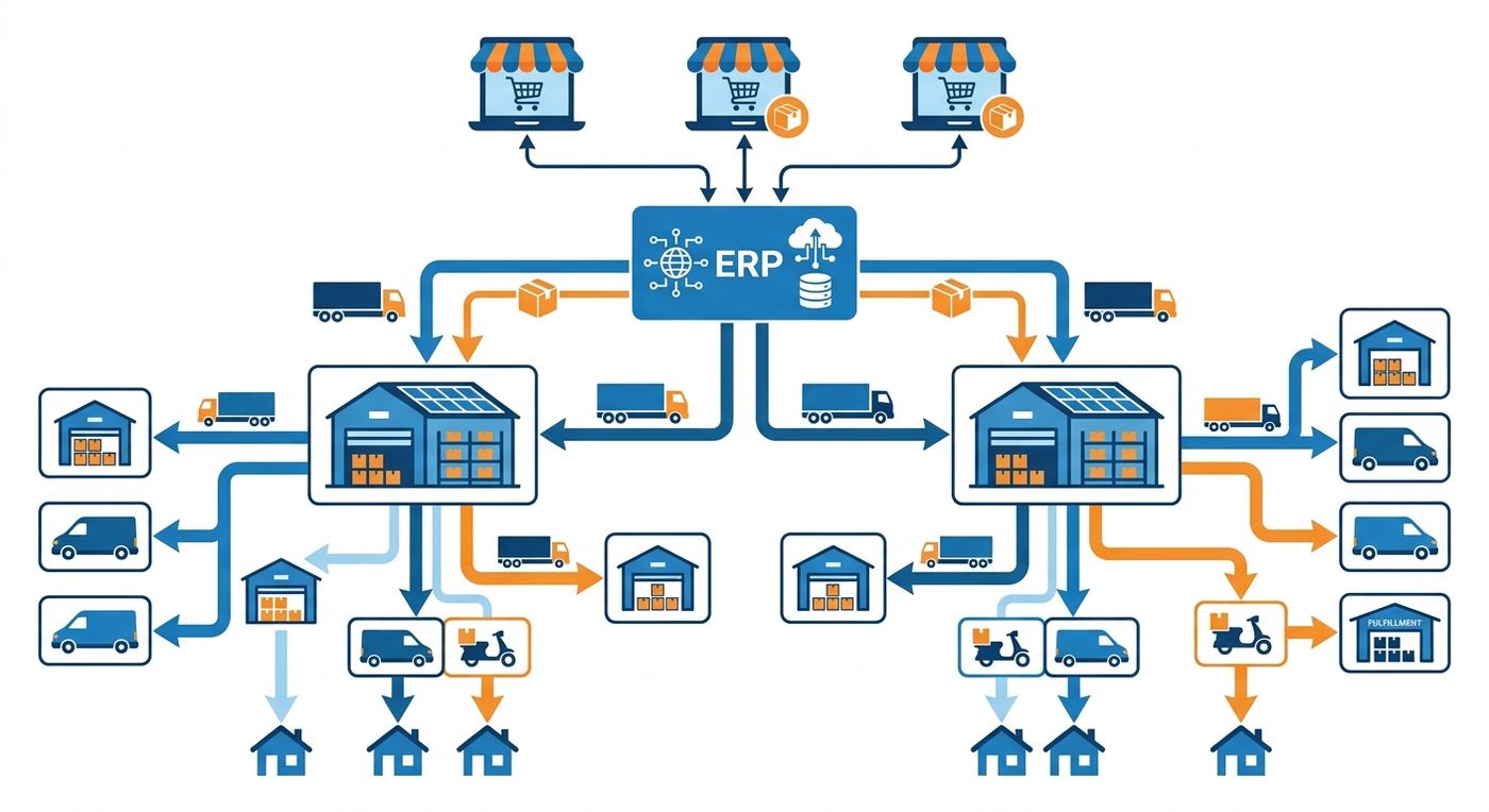 Technical workflow diagram of a multi-branch Saudi 3PL logistics network and last-mile delivery routing.