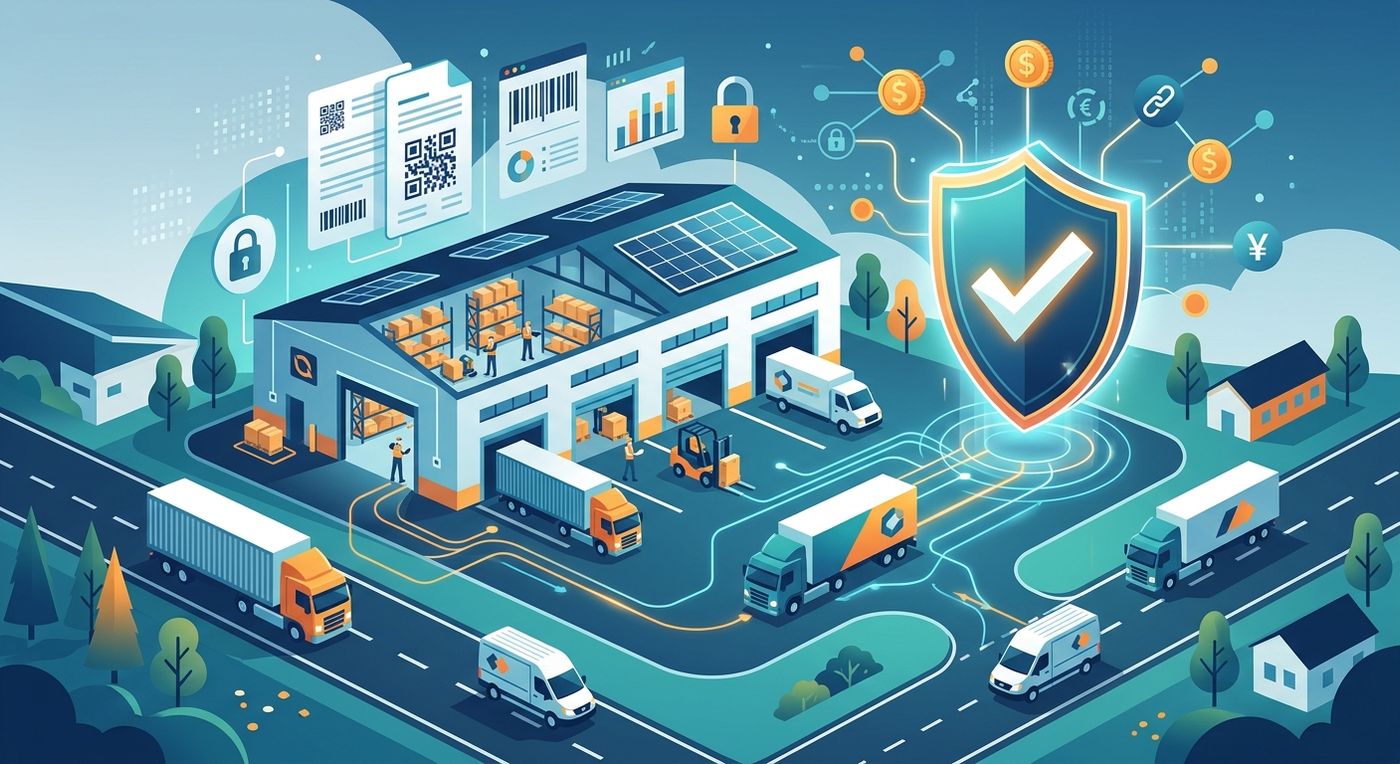 رسومات توضيحية مسطحة تبين الترابط بين العمليات اللوجستية للطرف الثالث 3PL والامتثال الآمن للفوترة الإلكترونية لـ ZATCA.