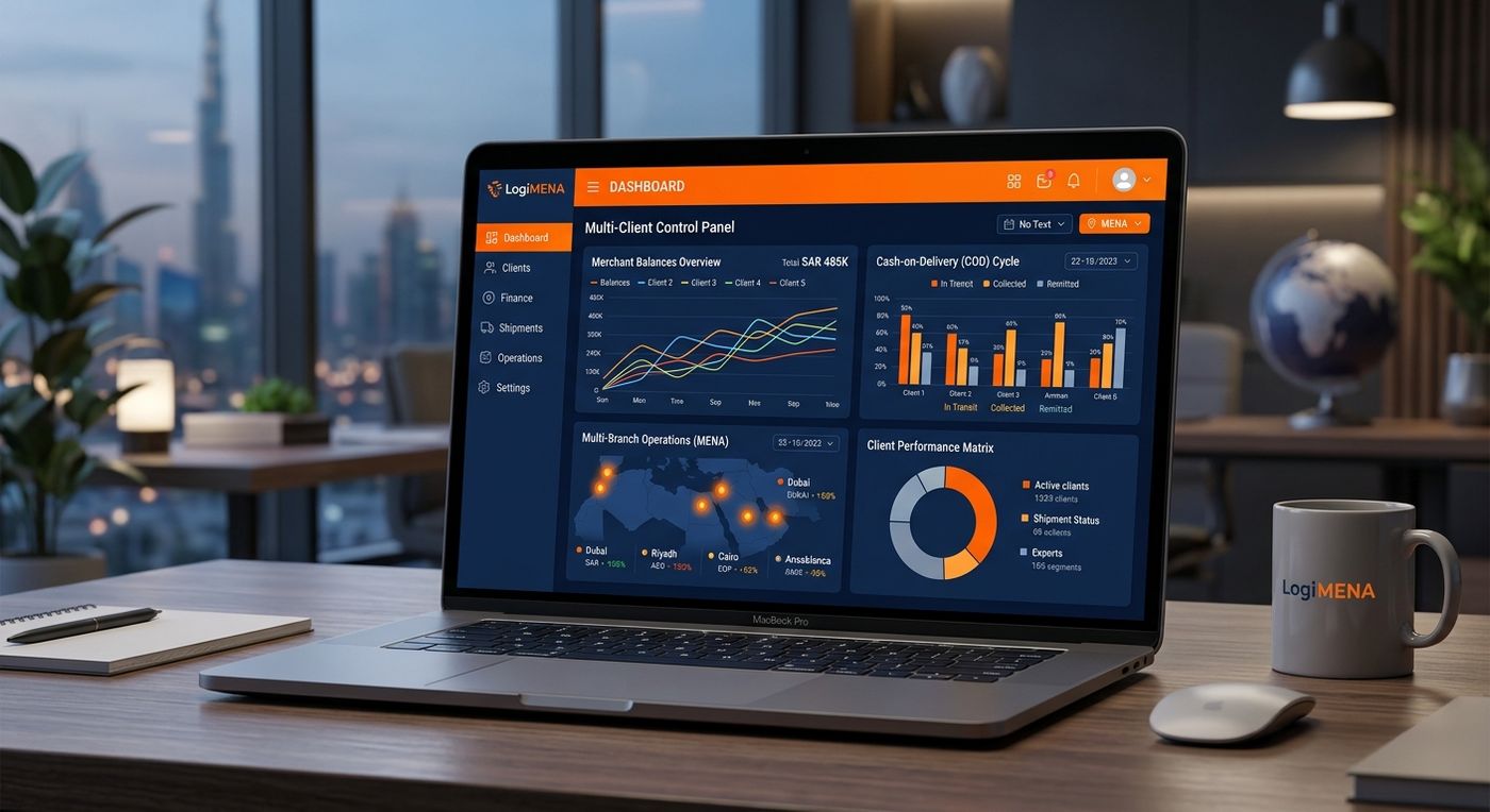 A modern SaaS product showcase dashboard of Shiprex logistics ERP displaying multi-client management, merchant wallets, and COD tracking.