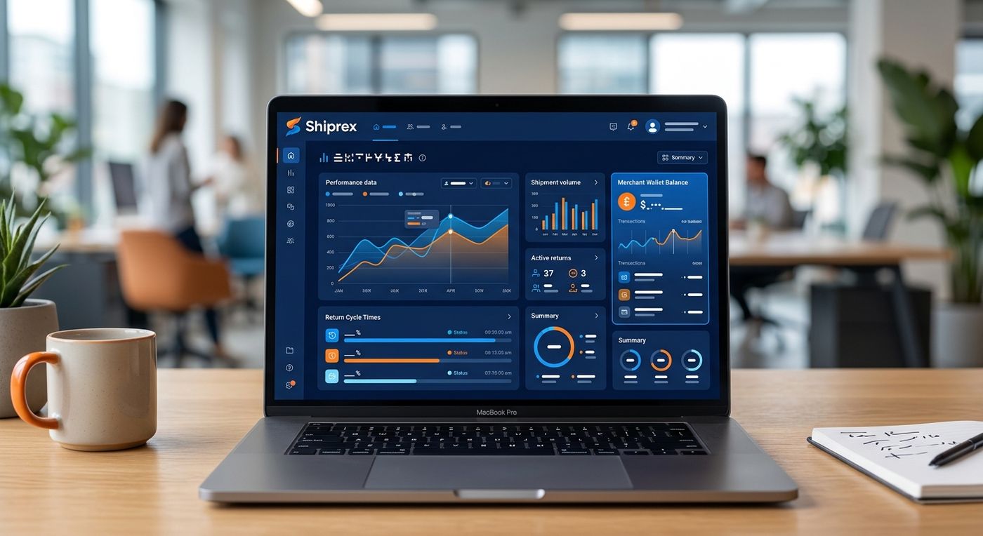 A professional SaaS dashboard showcase on a laptop screen displaying reverse logistics analytics and merchant wallet balances.