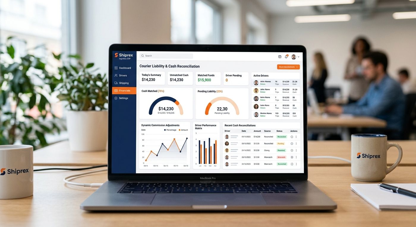 Shiprex SaaS dashboard mockup on a laptop showing the courier liability and COD reconciliation interface.