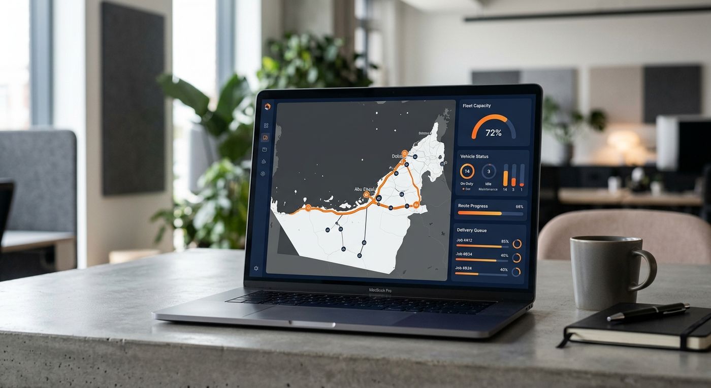 Shiprex fleet management ERP dashboard on a laptop, showing cross-emirate route optimization and vehicle capacity tracking between Dubai and Abu Dhabi.