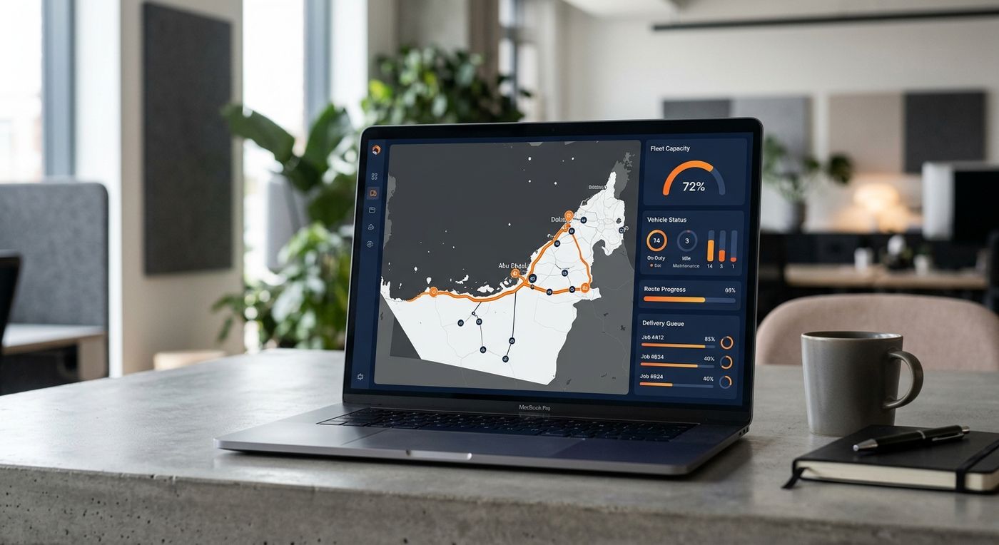 Shiprex fleet management ERP dashboard on a laptop, showing cross-emirate route optimization and vehicle capacity tracking between Dubai and Abu Dhabi.