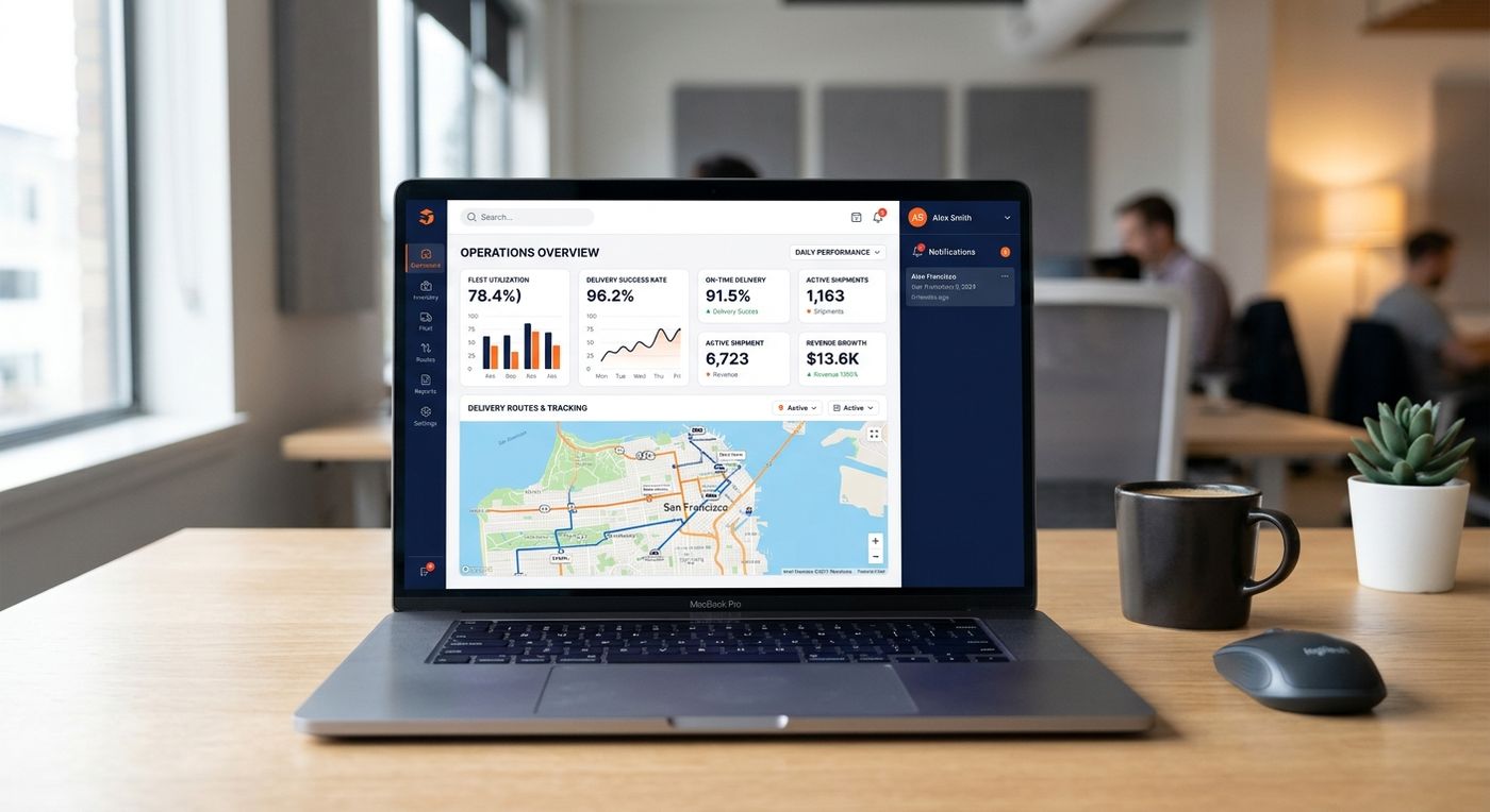 A product showcase of the Shiprex ERP dashboard displaying advanced delivery route planner analytics and fleet tracking metrics.