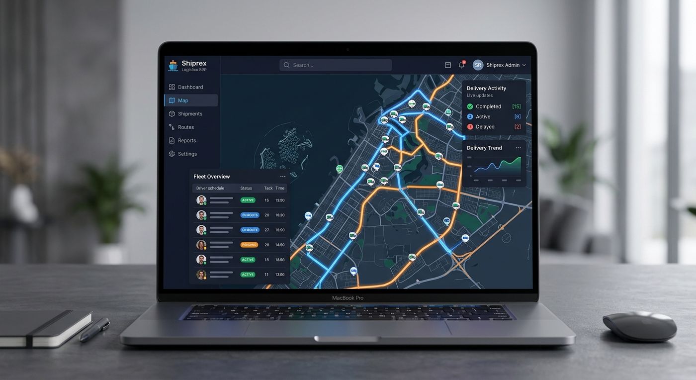 Shiprex logistics ERP dashboard showing real-time driver GPS tracking and optimized delivery routes on a laptop screen.