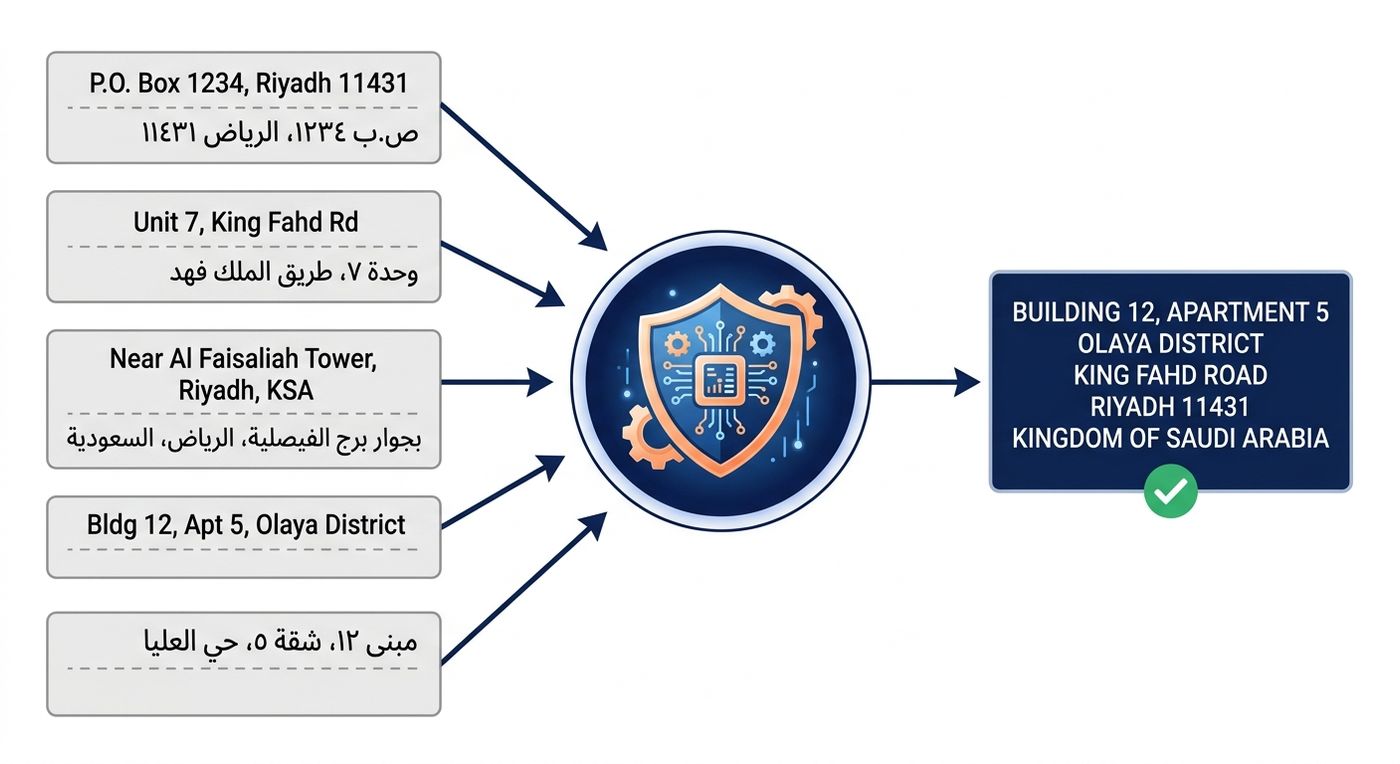 A clean, minimalist technical flowchart showing how the Shiprex AI engine normalizes messy, multilingual address data from multiple inconsistent inputs into a single, standardized output.