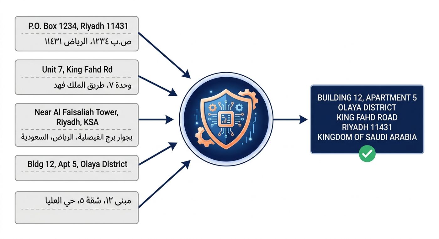 A clean, minimalist technical flowchart showing how the Shiprex AI engine normalizes messy, multilingual address data from multiple inconsistent inputs into a single, standardized output.
