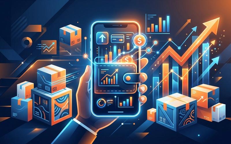 A stylized digital merchant wallet showing real-time e-commerce cash flow and shipping data