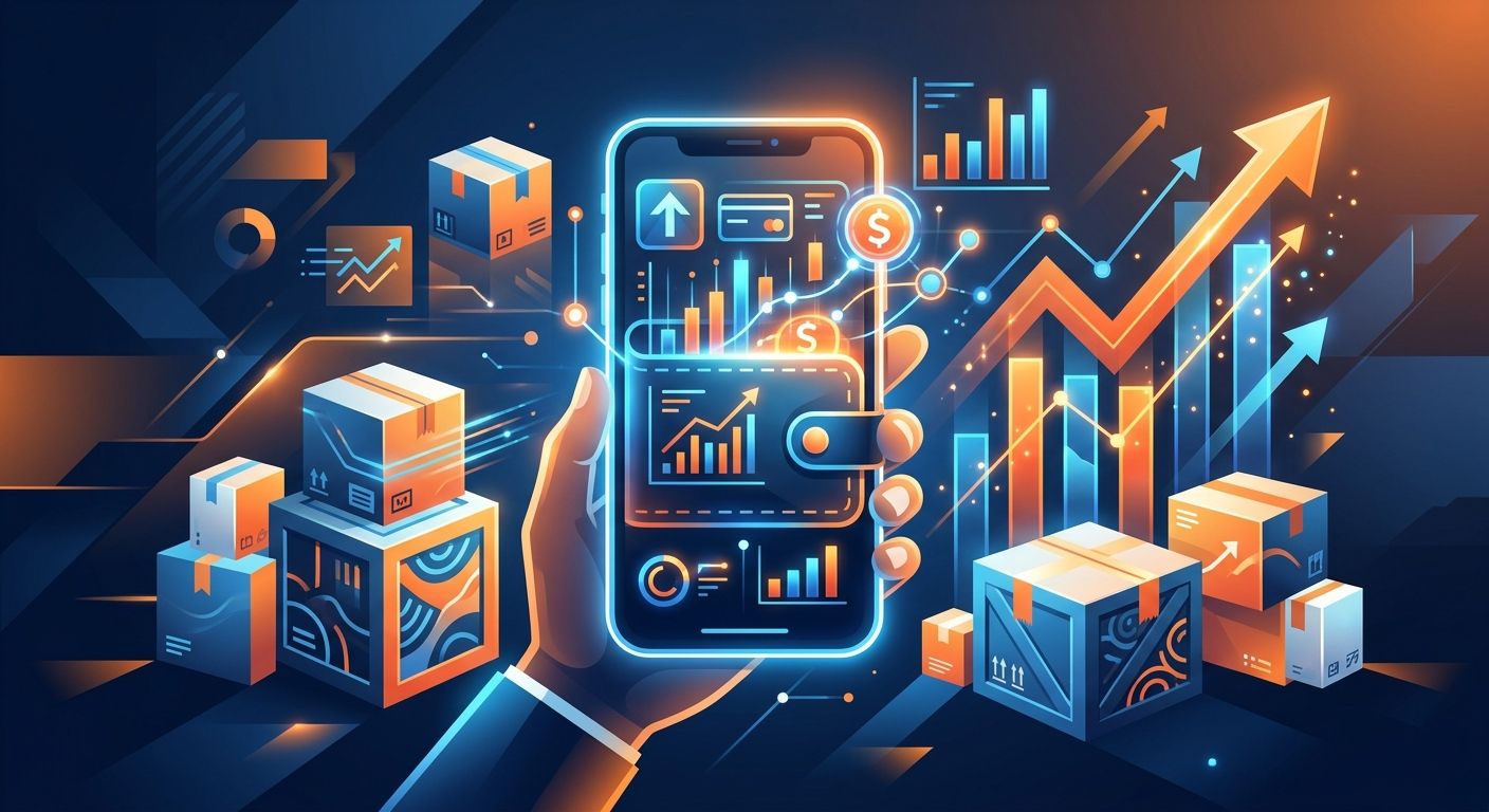 A stylized digital merchant wallet showing real-time e-commerce cash flow and shipping data