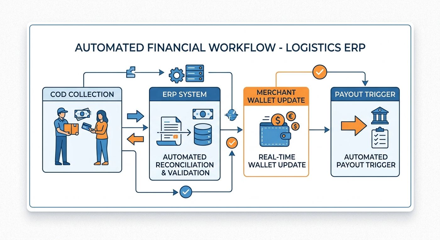 Technical diagram illustrating the automated COD reconciliation and merchant payout workflow in the Shiprex ERP.