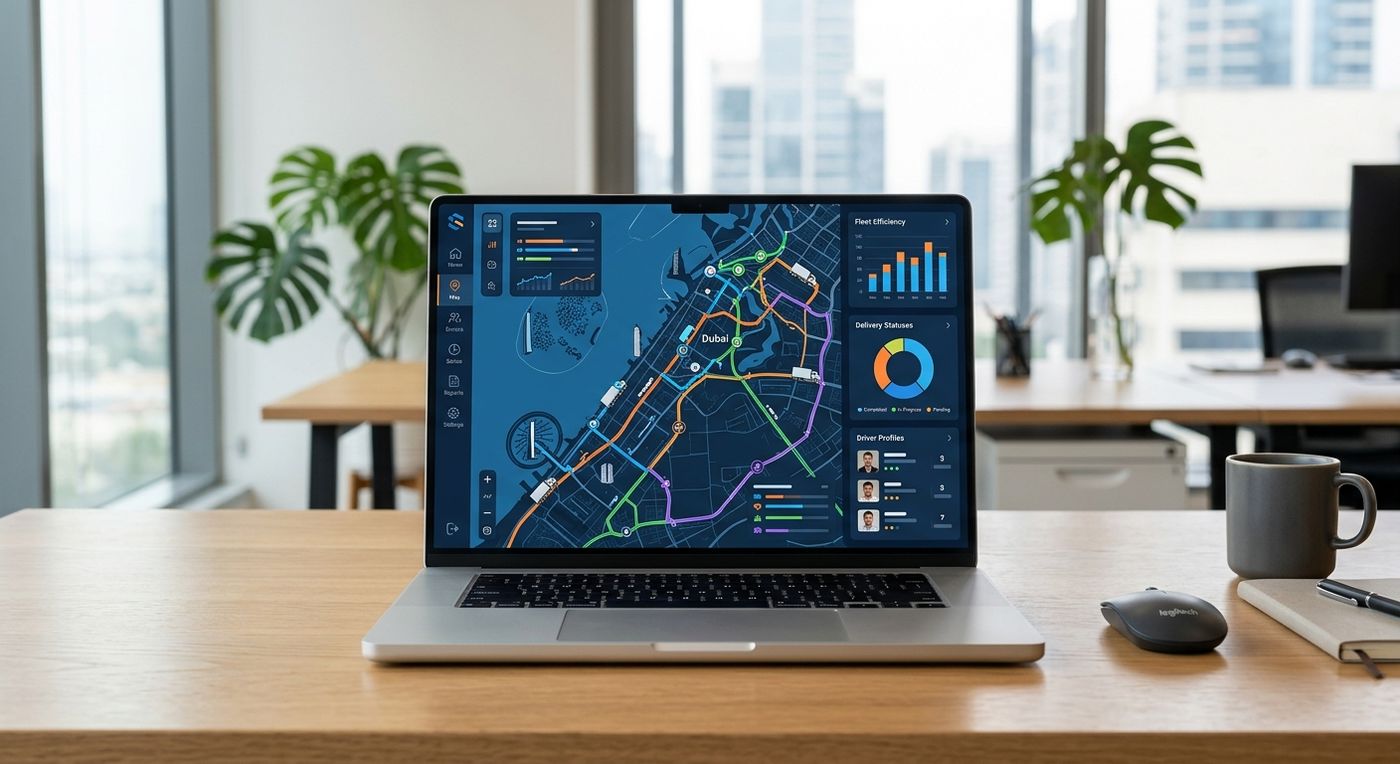 A modern SaaS dashboard on a laptop screen showing automated fleet routing and last-mile dispatch optimization.
