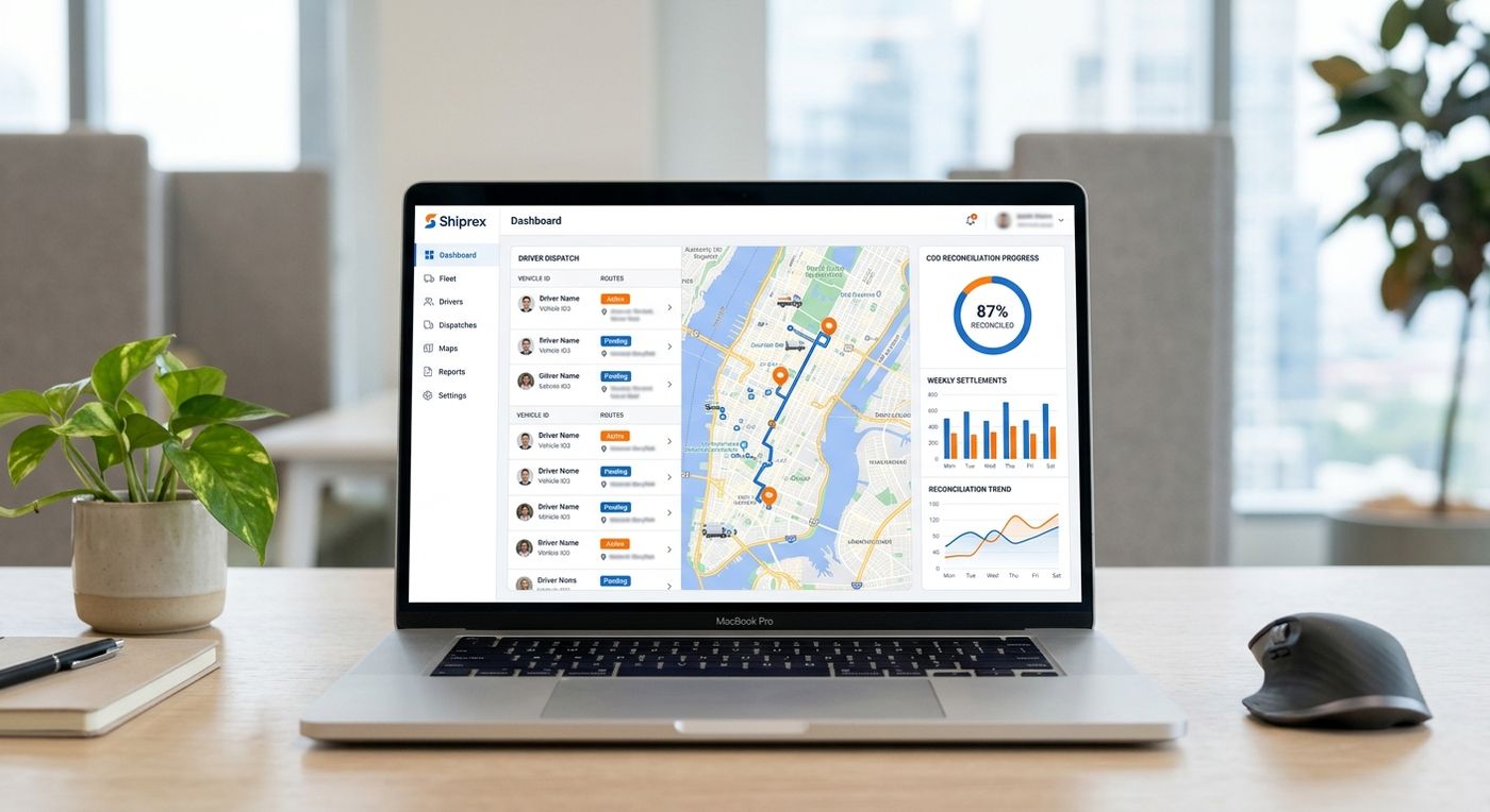 A modern laptop displaying the Shiprex shipping ERP dashboard with real-time fleet tracking, dispatch lists, and COD reconciliation widgets.