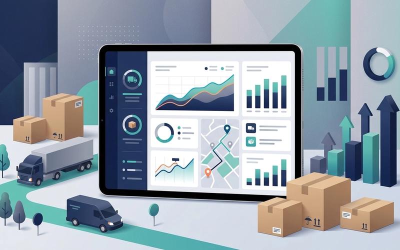 لوحة تحكم رقمية حديثة تعرض مؤشرات العمليات اللوجستية وواجهة بوابة التجار