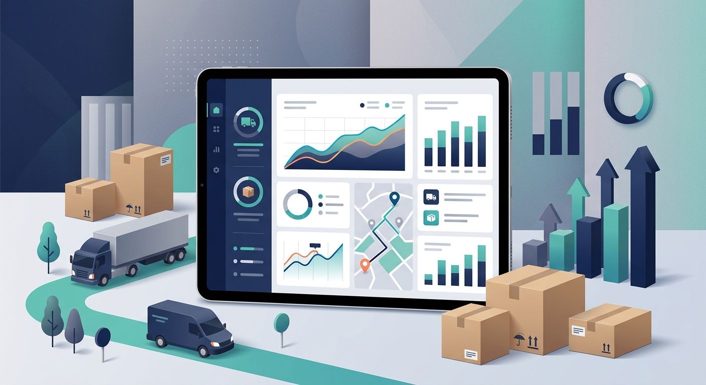 Modern digital dashboard showing logistics metrics and merchant portal interface