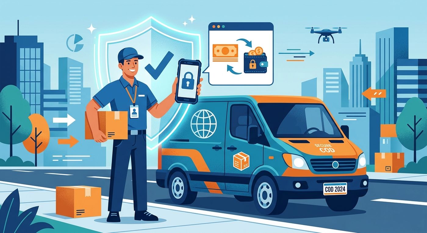 A flat vector illustration showcasing secure automated cash-on-delivery (COD) reconciliation and digital merchant wallets in logistics.
