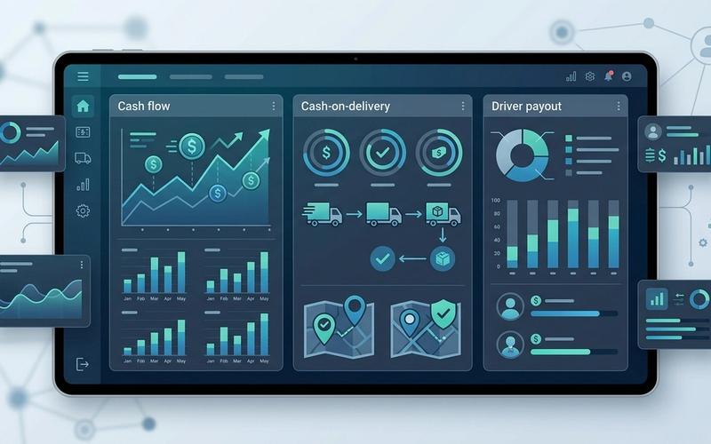 A modern logistics financial dashboard showing automated driver cash reconciliation charts and audit statistics.