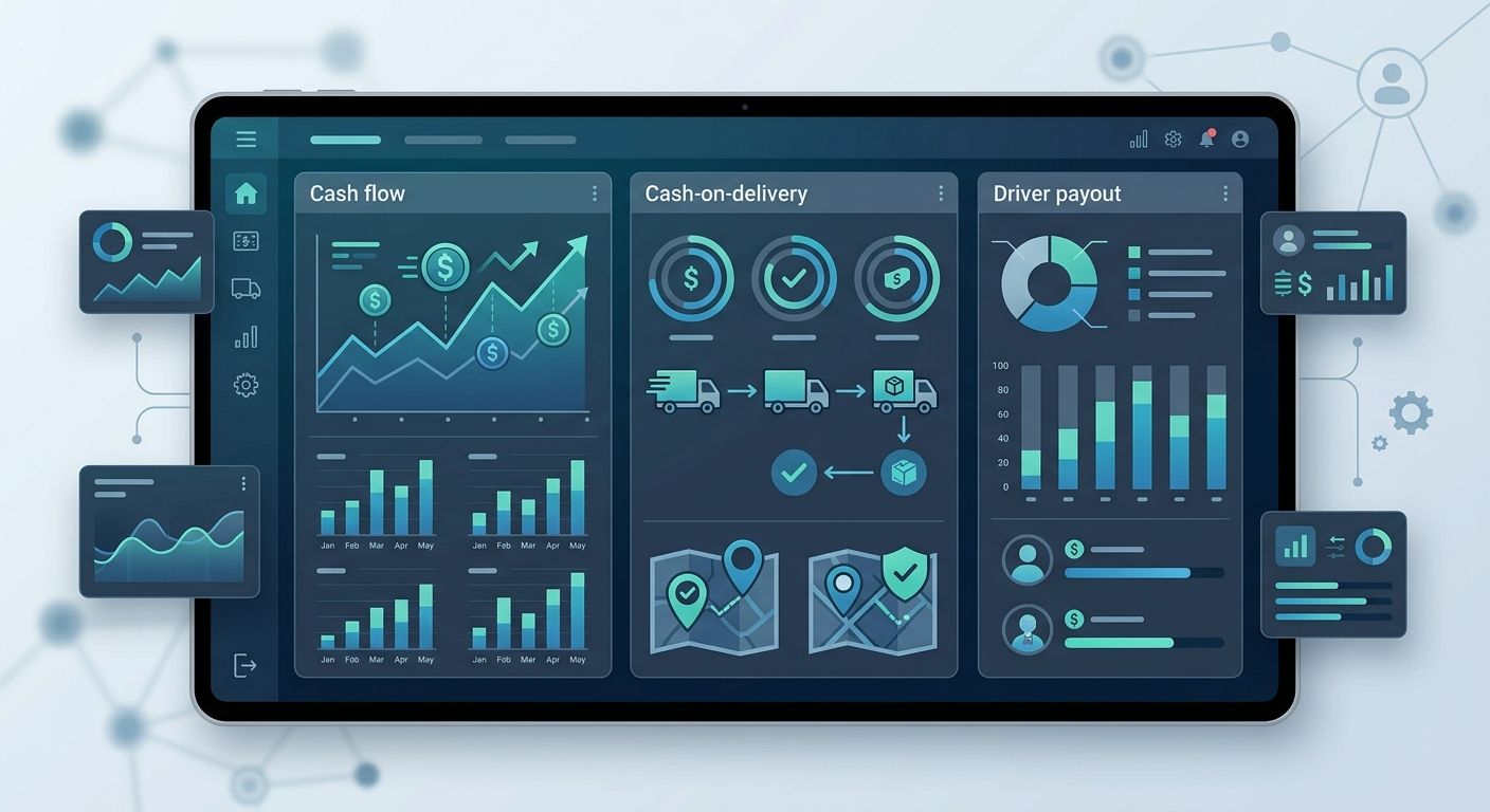 A modern logistics financial dashboard showing automated driver cash reconciliation charts and audit statistics.