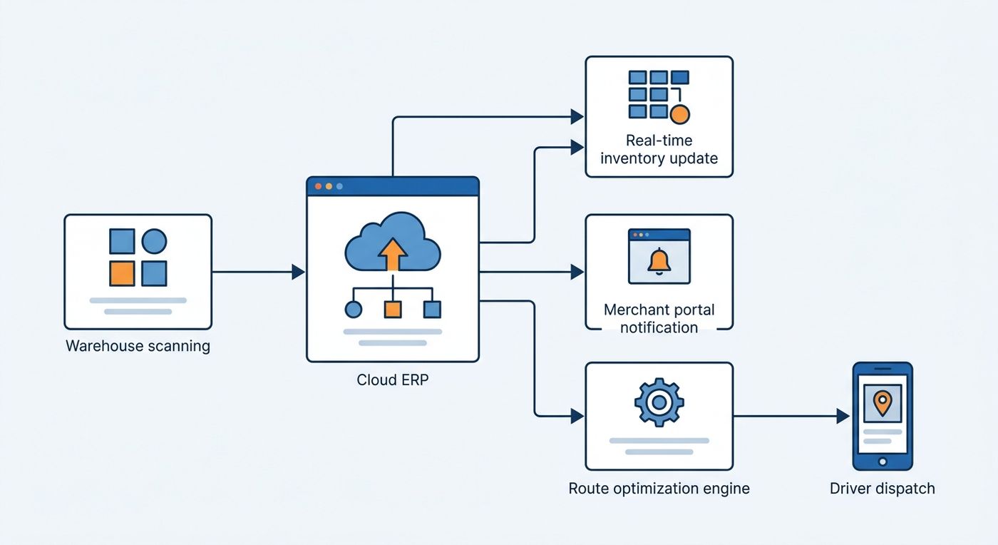 Technical diagram showing the real-time synchronization flow between warehouse scanning and last-mile dispatch within a logistics ERP system.