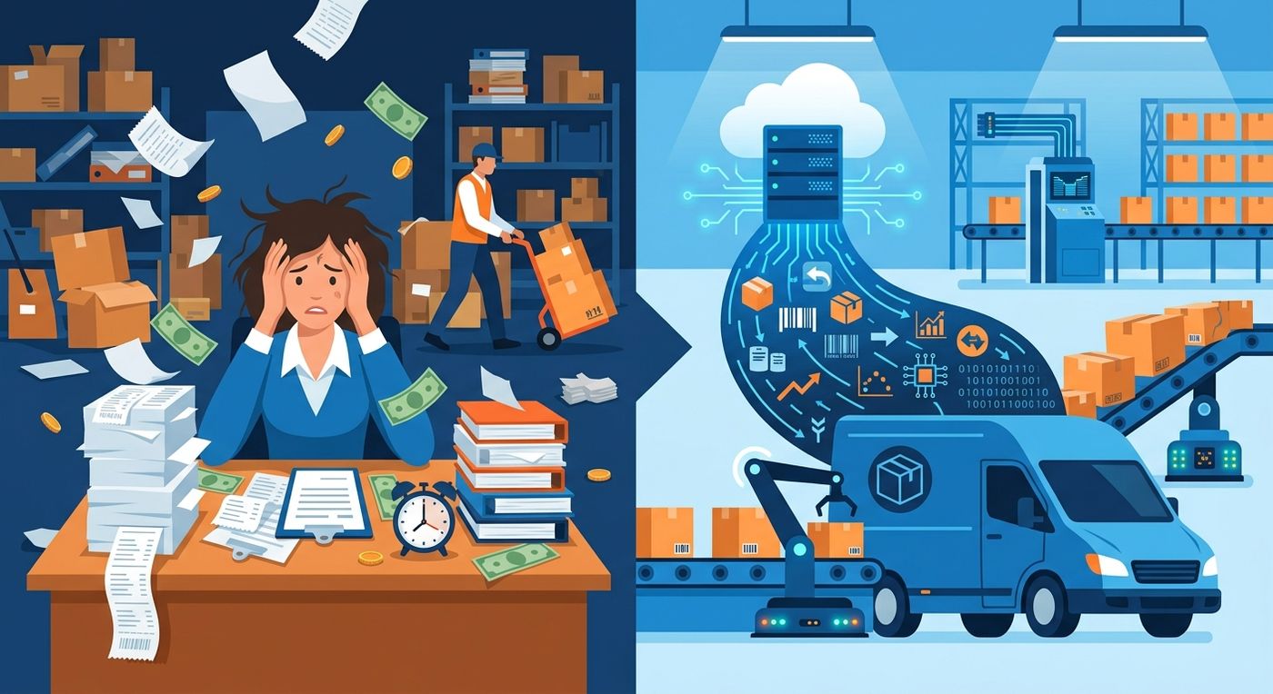 An editorial illustration showing the transition from chaotic manual cash-on-delivery tracking with paper receipts to a streamlined digital logistics workflow.