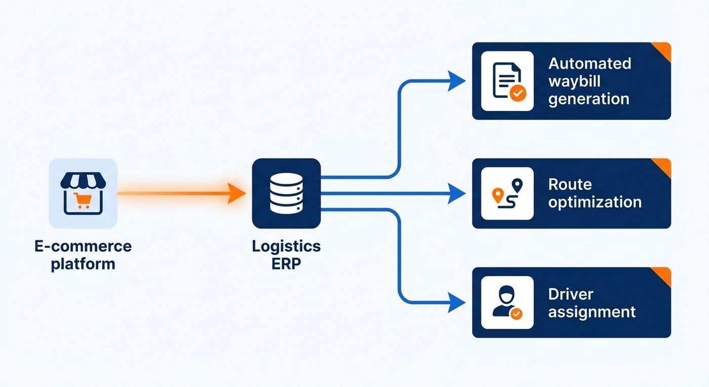 Technical flowchart diagram showing a seamless shipping API integration flow from an e-commerce store to automated waybill generation, route optimization, and driver assignment.
