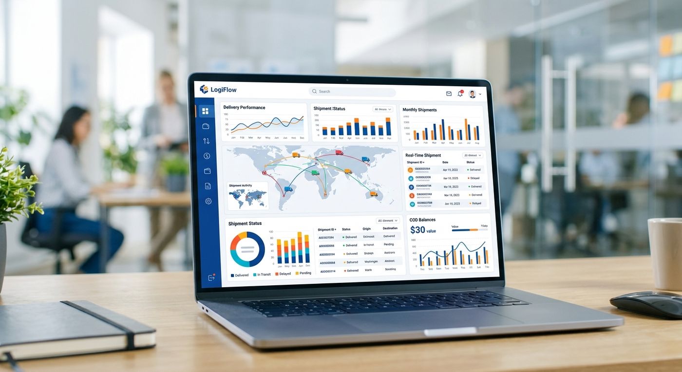 عرض توضيحي لواجهة لوحة تحكم تاجر Shiprex على شاشة لابتوب، تعرض تحليلات العمليات اللوجستية وتتبع الشحنات.