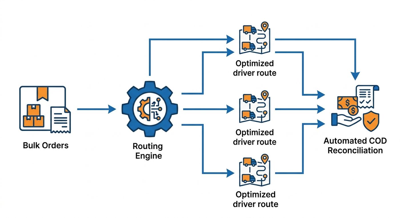 Technical flowchart illustrating the automated last-mile dispatch process from bulk order intake to automated route optimization and driver assignment.
