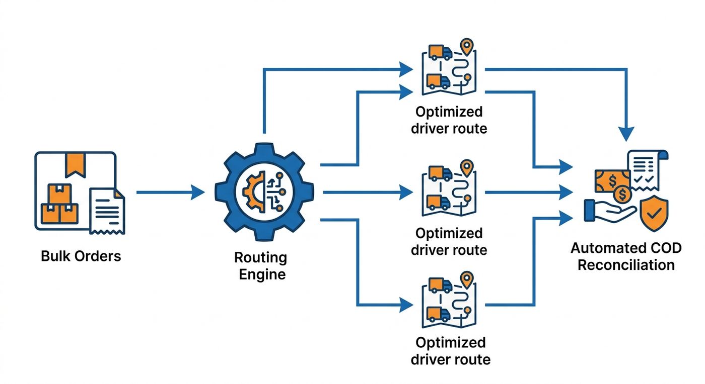 Technical flowchart illustrating the automated last-mile dispatch process from bulk order intake to automated route optimization and driver assignment.