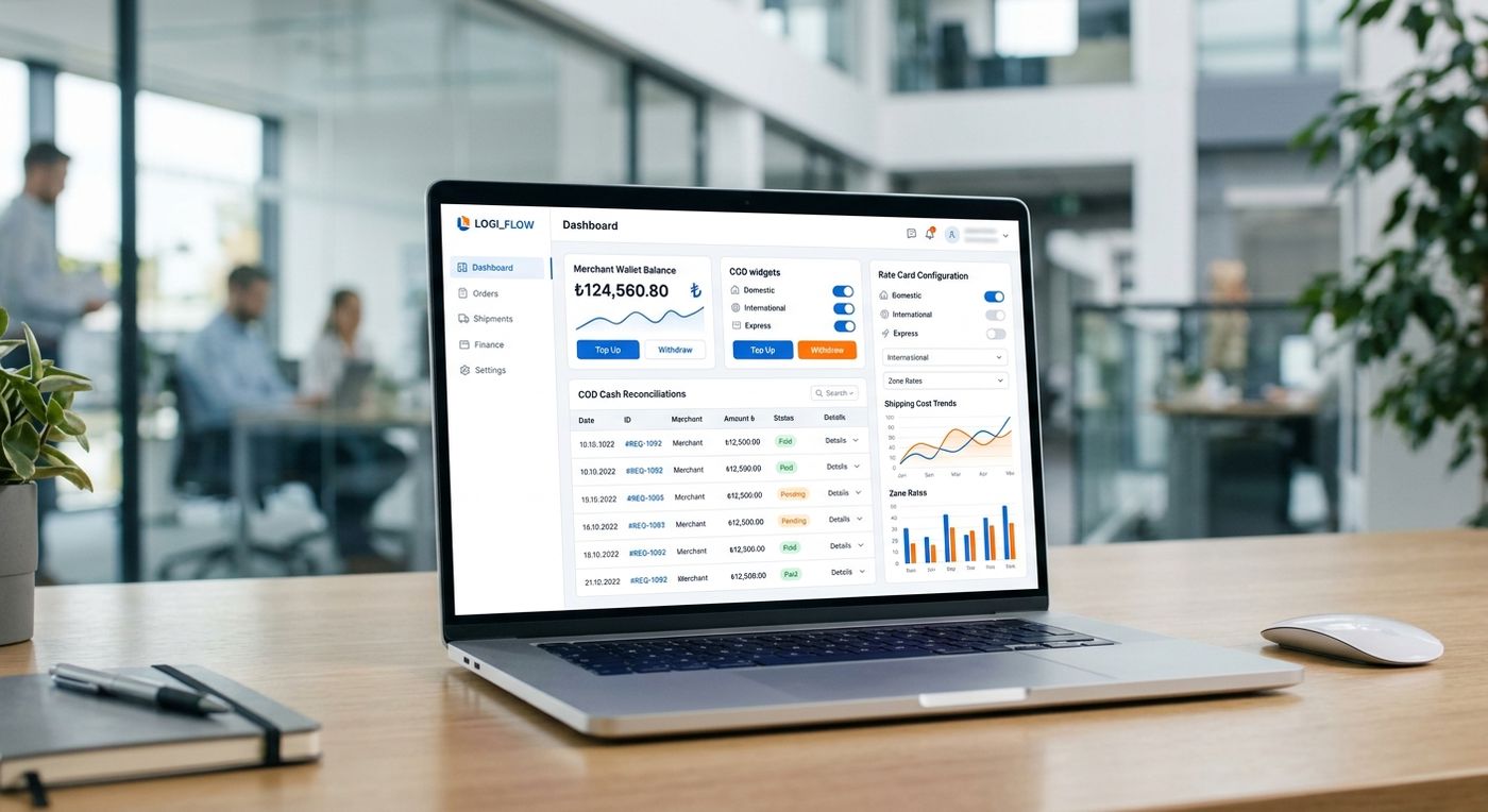 A sleek SaaS dashboard mockup on a laptop screen showing a merchant wallet interface, COD reconciliation, and logistics contract rate cards.