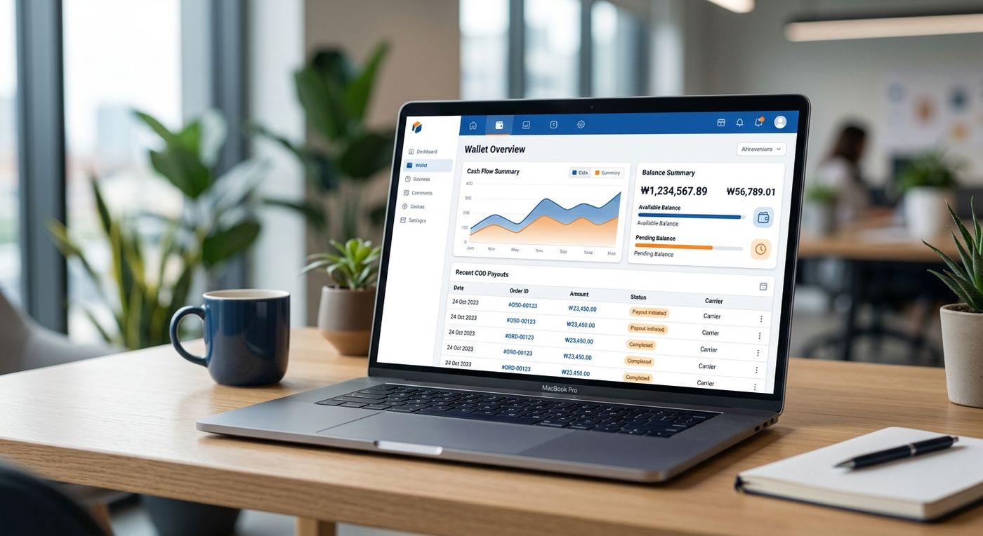 استعراض لواجهة لوحة تحكم بوابة التاجر الحديثة في نظام إدارة الشحن، تُظهر المحفظة المتكاملة والأرصدة المعلقة وسجل المعاملات المالي.