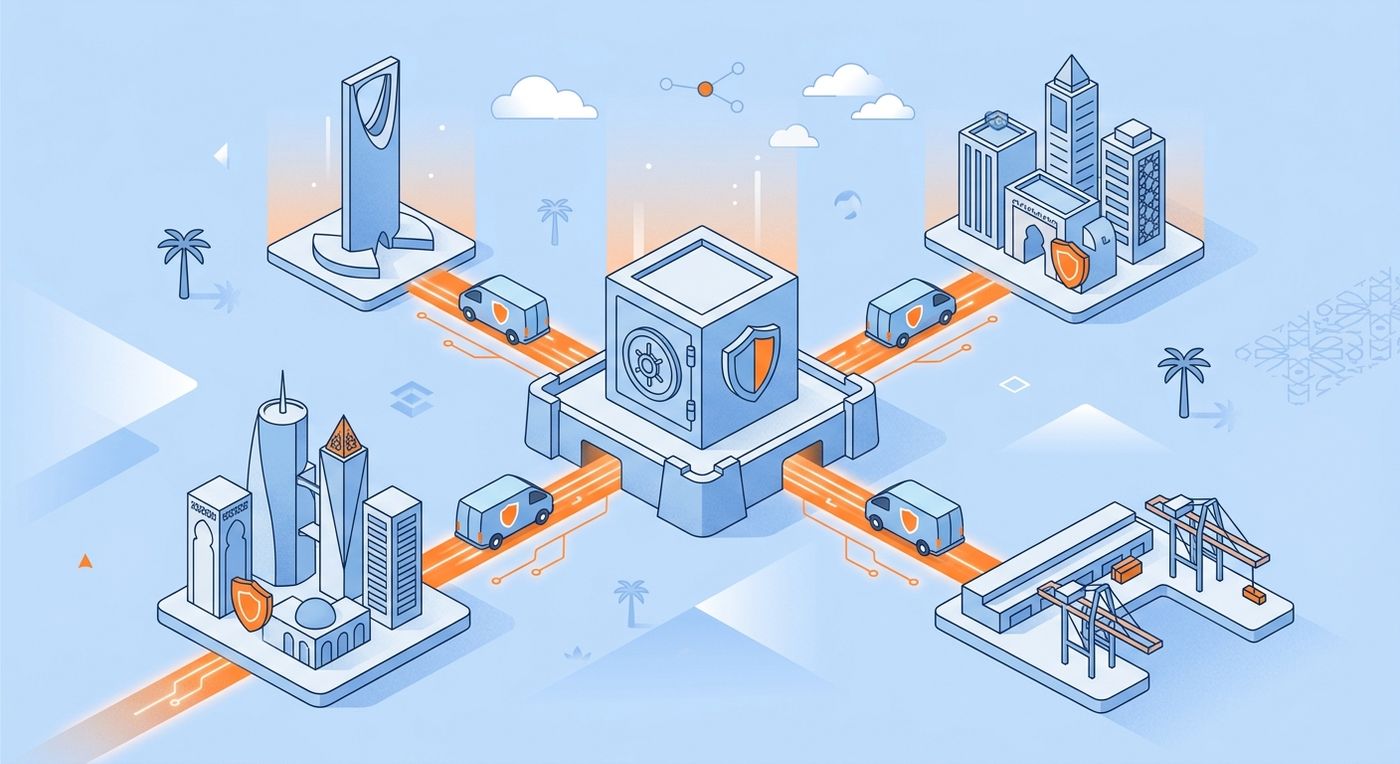 Editorial flat illustration depicting secure inter-branch cash consolidation and regional compliance for MENA logistics.
