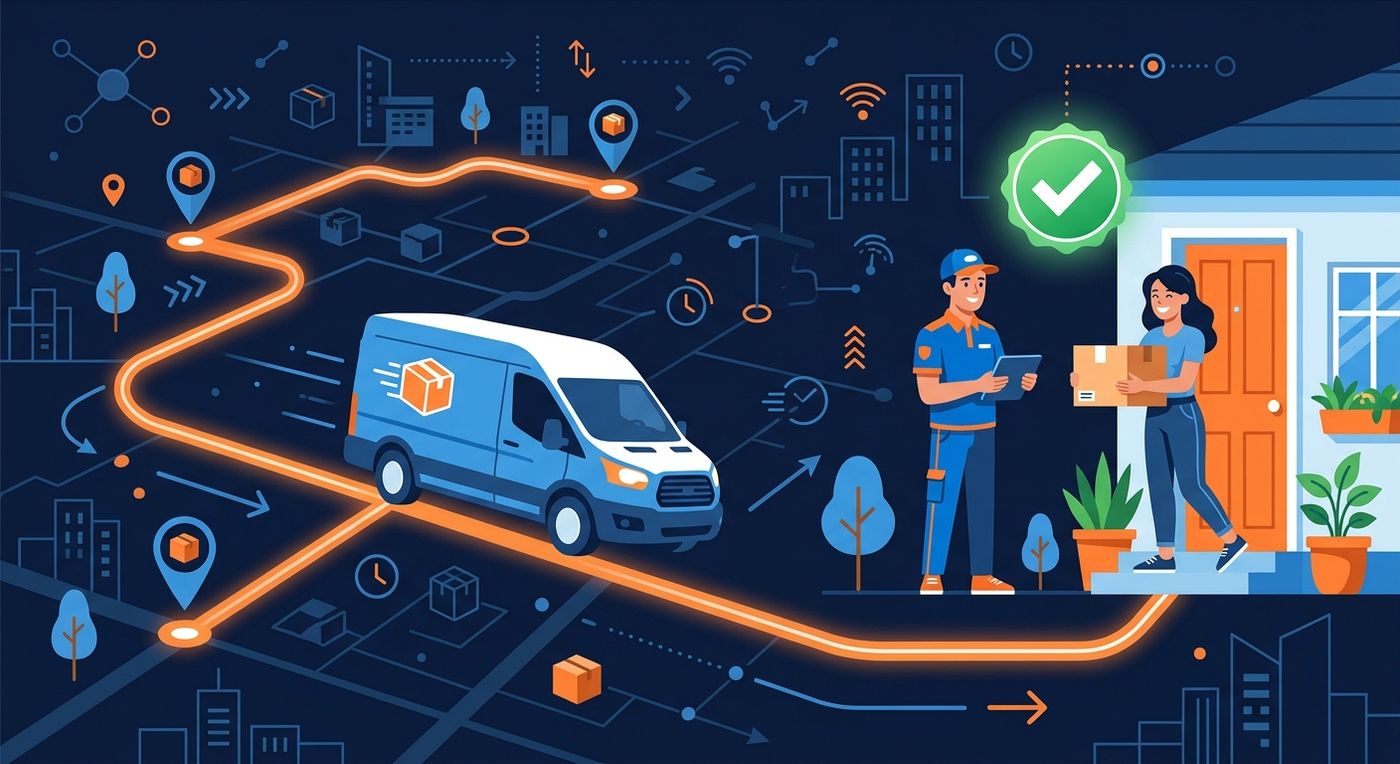 An editorial illustration of a delivery van on an optimized route, demonstrating how first-time delivery success eliminates the need for repeated SMS alerts.