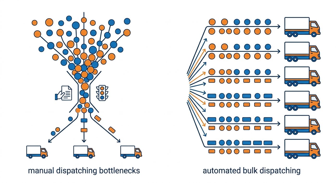 A technical diagram comparing chaotic manual dispatch bottlenecks with streamlined automated bulk dispatching.