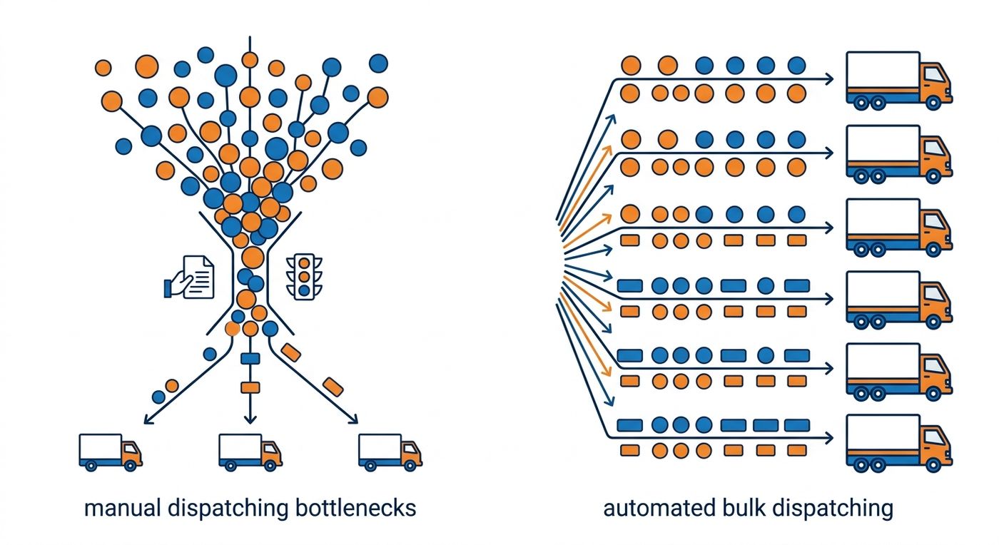 A technical diagram comparing chaotic manual dispatch bottlenecks with streamlined automated bulk dispatching.
