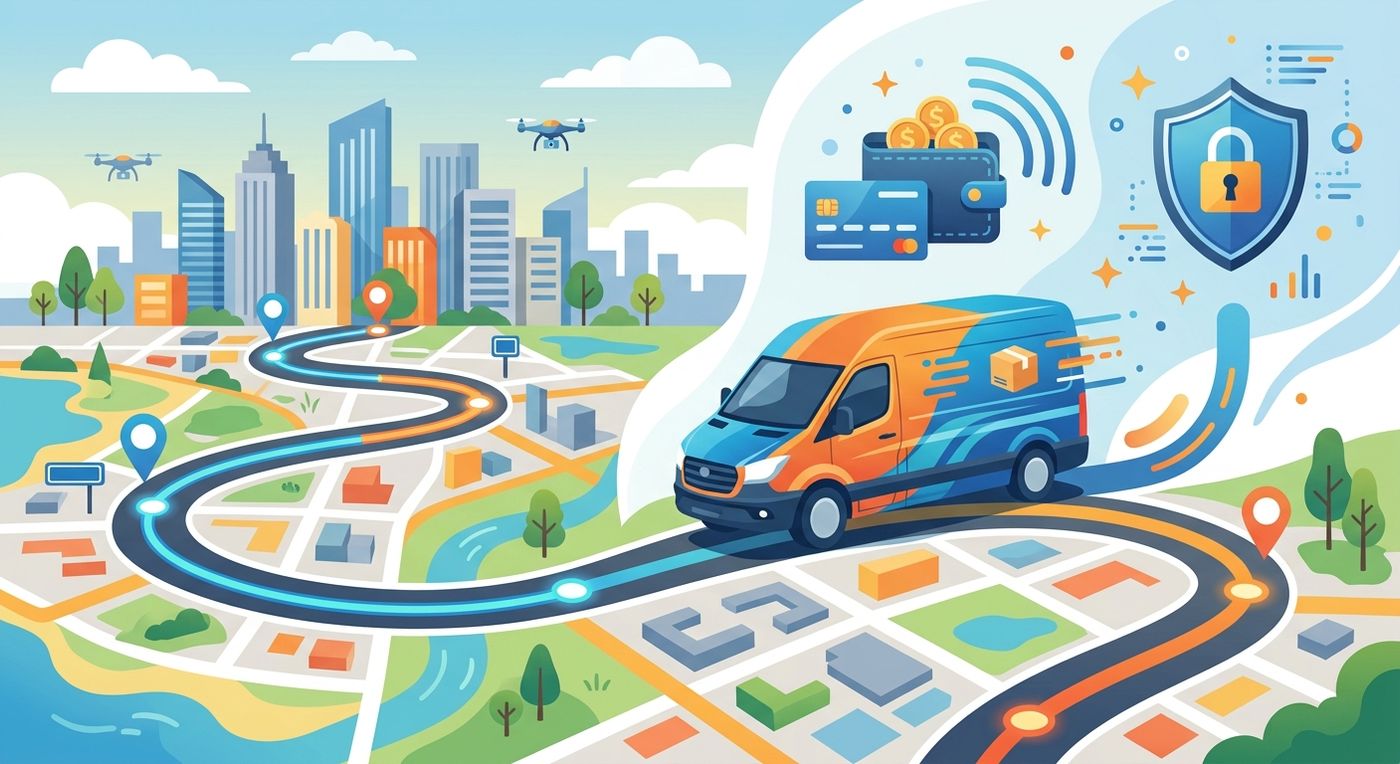 An editorial illustration of a delivery vehicle on an optimized route with icons representing secure COD reconciliation and digital merchant wallets.
