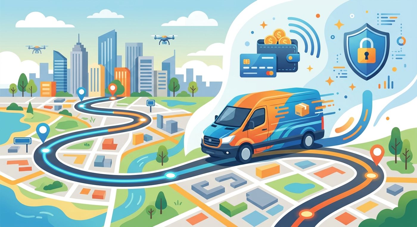 An editorial illustration of a delivery vehicle on an optimized route with icons representing secure COD reconciliation and digital merchant wallets.