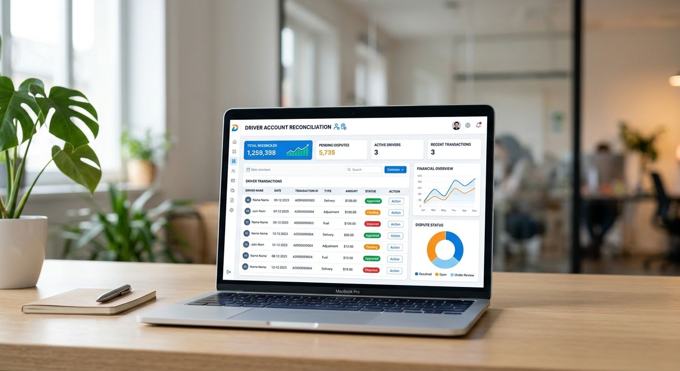 نموذج تجريبي للوحة تحكم نظام سحابي SaaS على شاشة كمبيوتر محمول يعرض واجهة تدقيق وتسوية نقدية السائقين لعمليات الشحن.