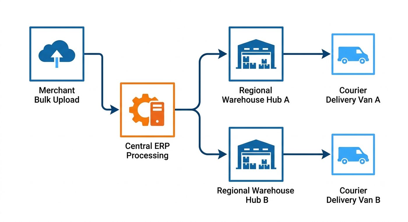 Technical flowchart illustrating automated order routing from merchant bulk upload to regional hubs and courier dispatch.