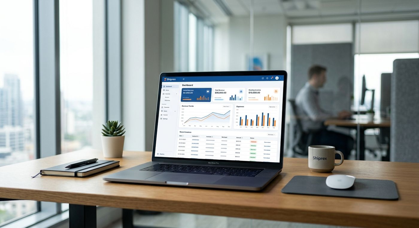 A modern laptop displaying the Shiprex logistics billing and finance dashboard with merchant wallet tracking and automated invoicing.
