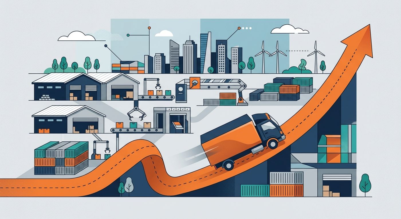 A flat editorial illustration of a delivery truck navigating an optimized route, representing logistics operations automation during peak surges.