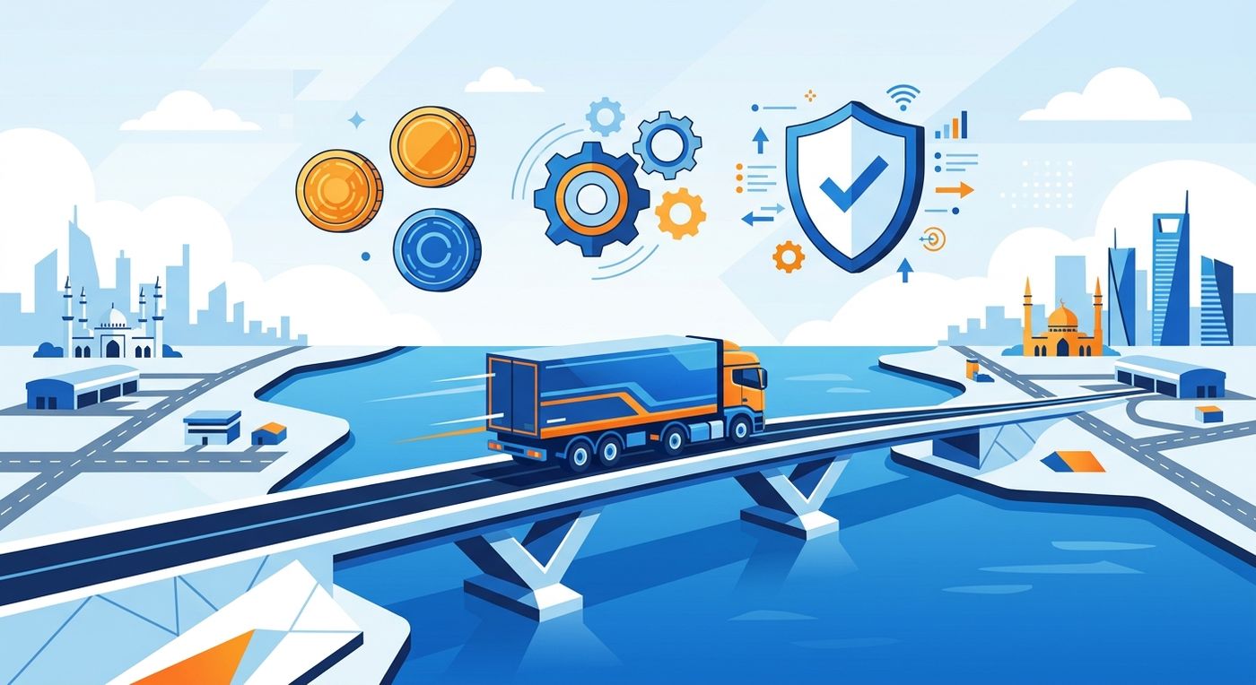 A flat vector illustration of a cargo truck crossing a bridge with abstract currency and compliance symbols, representing seamless GCC cross-border shipping.