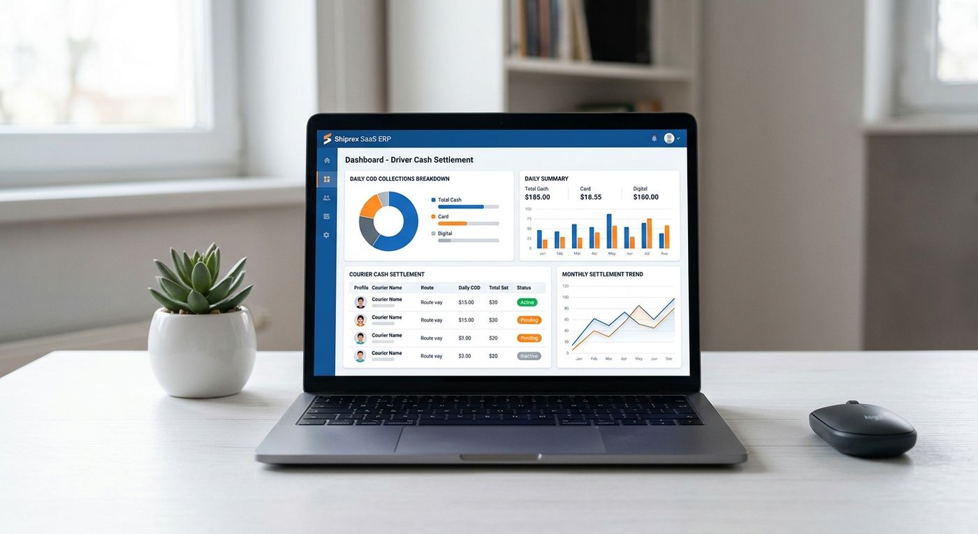 A product showcase of the Shiprex ERP dashboard on a laptop, displaying the real-time driver cash settlement and COD reconciliation module.