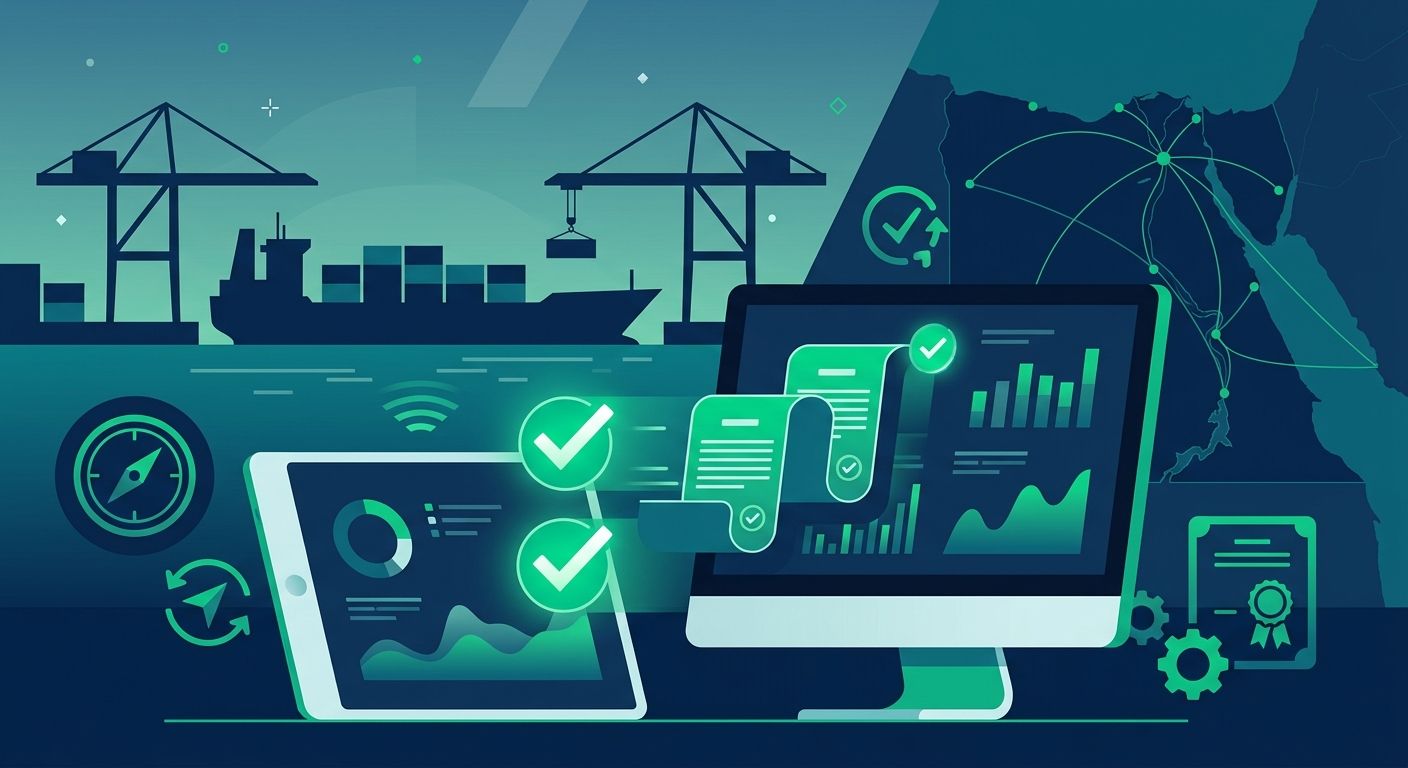 رسم توضيحي يظهر لوحة تحكم رقمية للتخليص الجمركي المؤتمت مع سفينة شحن في ميناء مصري يمثل الربط مع منظومة نافذة.
