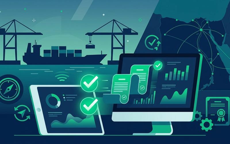 Editorial illustration showing digital dashboard with automated customs compliance and cargo ship in Egypt port representing Nafeza ACI integration.