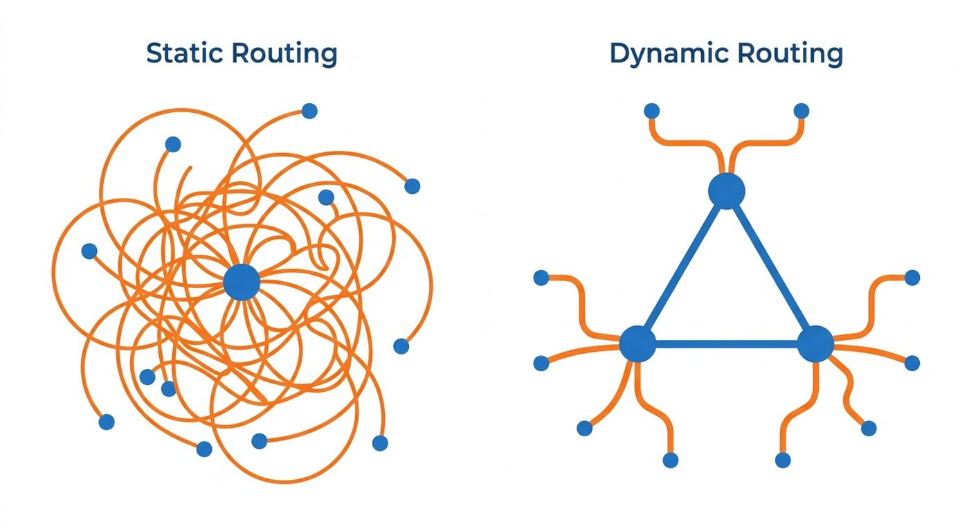 Technical diagram comparing inefficient static routing with optimized dynamic routing from multiple hubs.