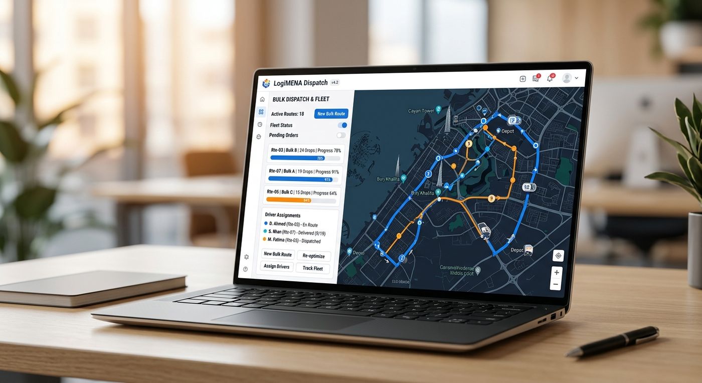 A sleek laptop displaying the Shiprex bulk dispatch and route optimization dashboard, featuring a stylized city map with optimized delivery paths.