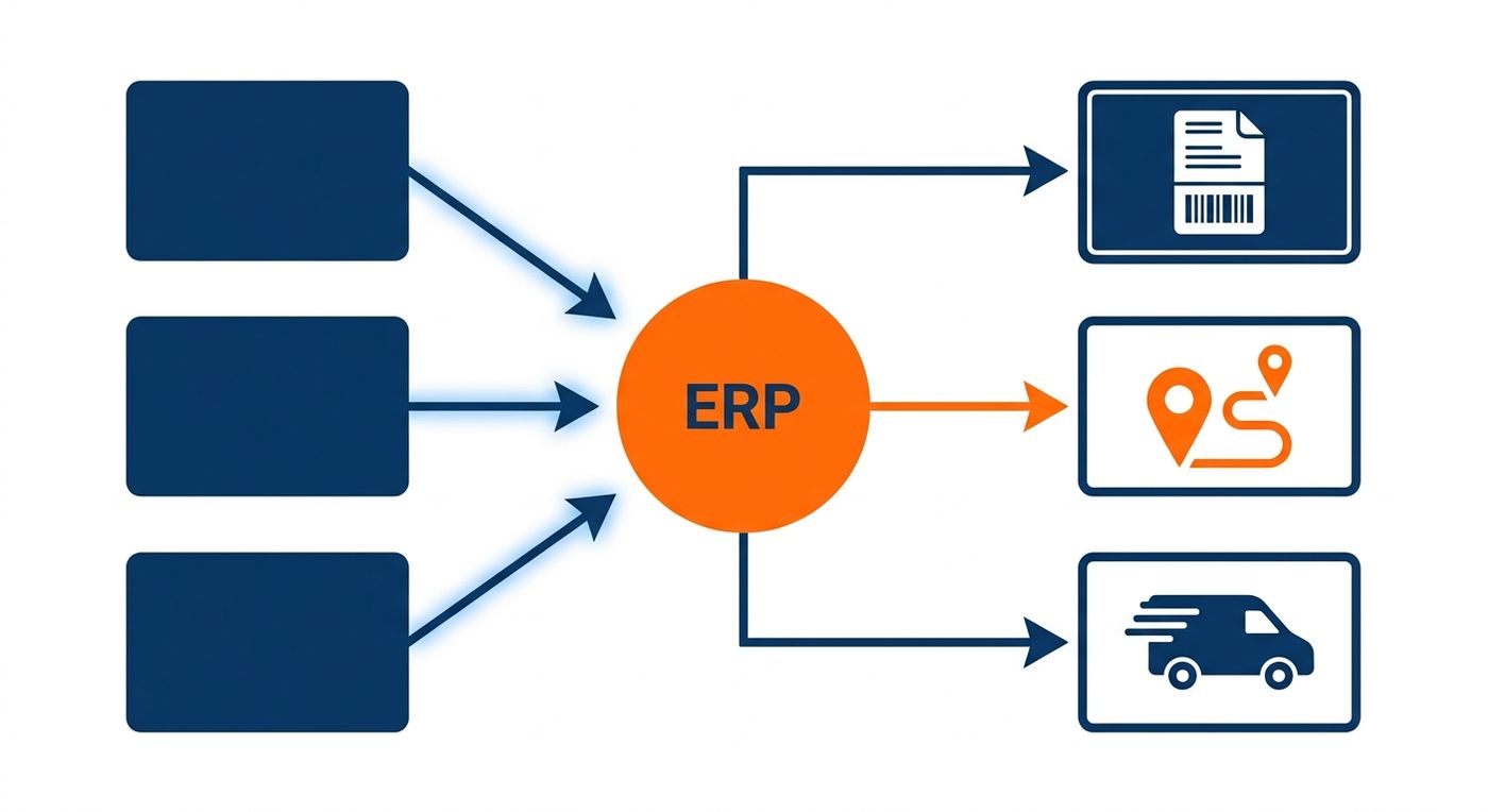 Technical diagram showing the automated workflow of an e-commerce shipping integration ERP, from store order ingestion to automated AWB generation and driver dispatch.