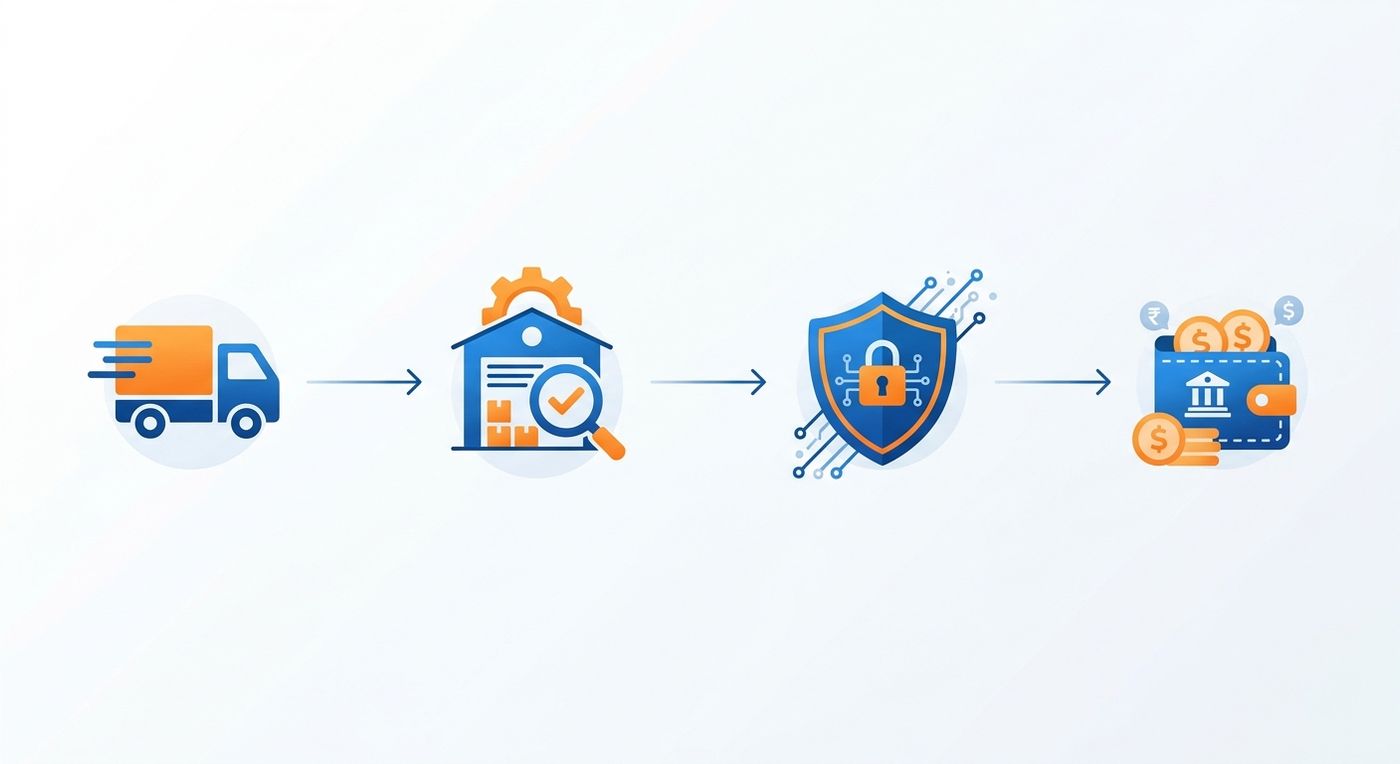 مخطط تقني يوضح دورة حياة تحصيل الدفع عند الاستلام المؤتمتة من استلام السائق حتى تسوية المركز وتحويل مستحقات التجار.