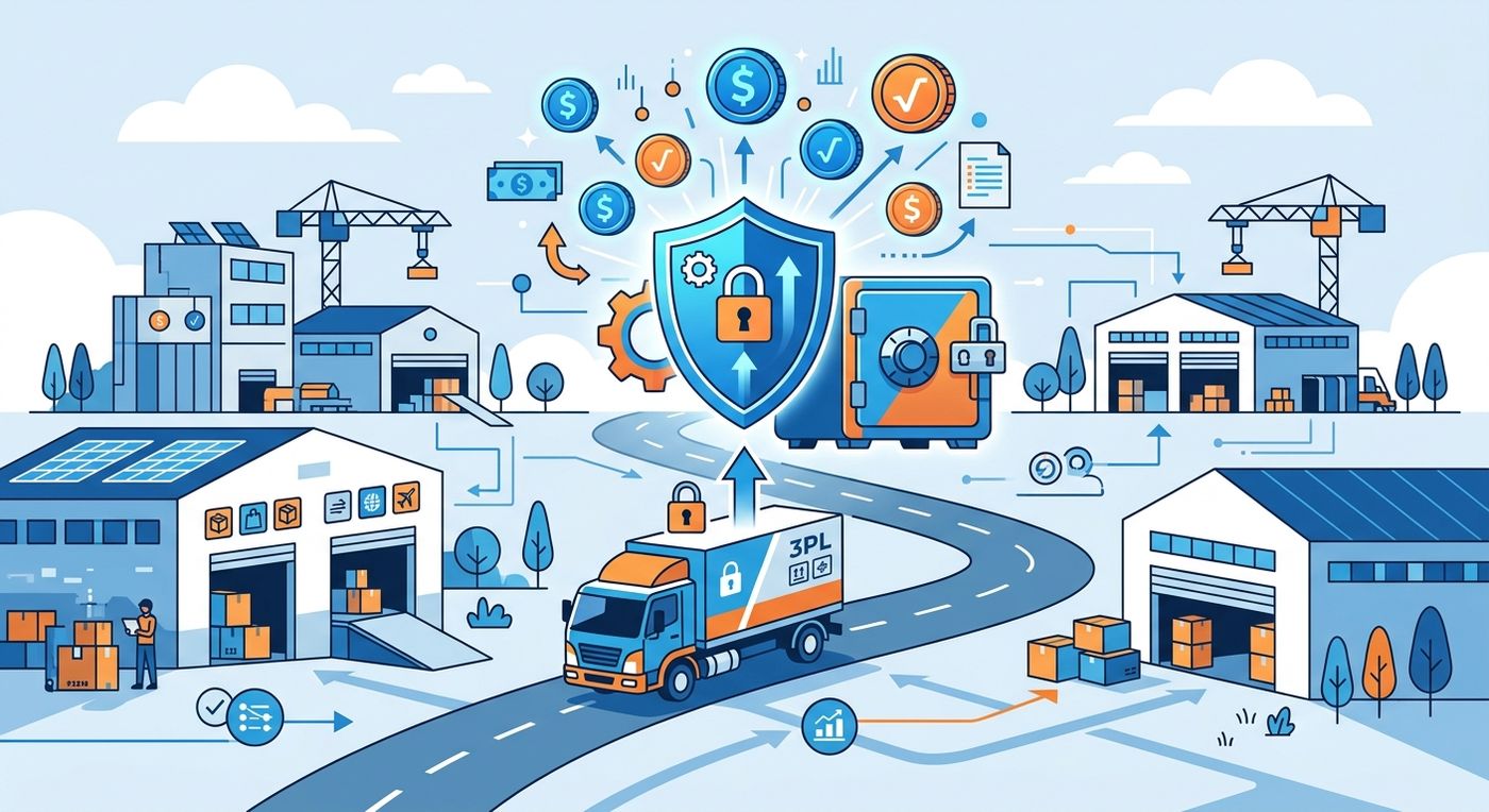 An editorial illustration representing secure cash on delivery COD reconciliation and financial tracking across shipping branches.